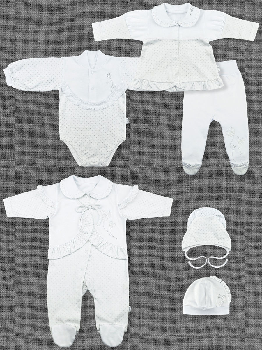 Комплект одежды для девочки Млечный путь Leo (кофточка, ползунки, шапочка, комбинезон, боди, беретка) - фото