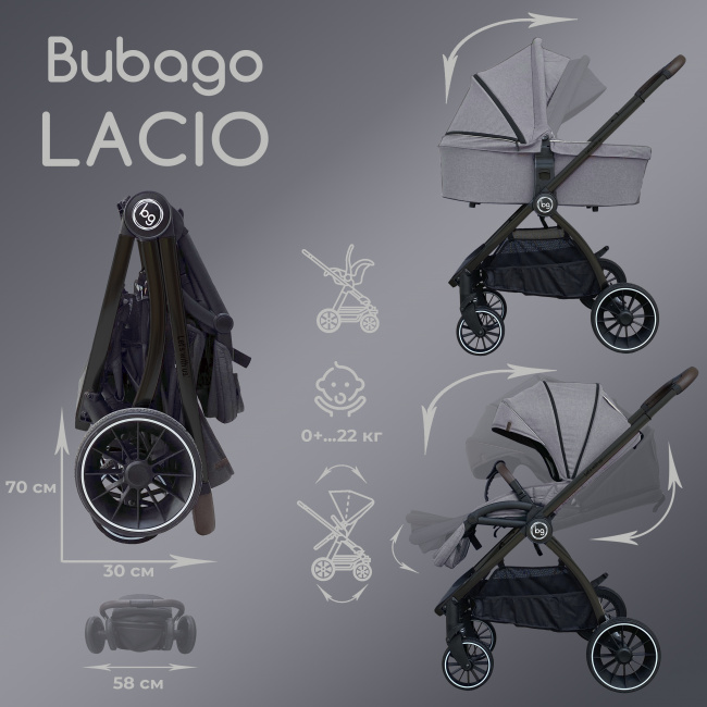 Коляска детская 2 в 1 Bubago Lacio Light Grey Светло-серая Рама Бронза BG 200\1 - фото4