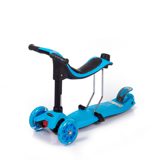 Самокат с сидением Светящиеся колёса Родительская ручка Кикборд Толокар Mobile Kid Multico Blue SKM100