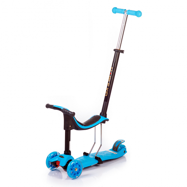 Самокат с сидением Светящиеся колёса Родительская ручка Кикборд Толокар Mobile Kid Multico Blue SKM100