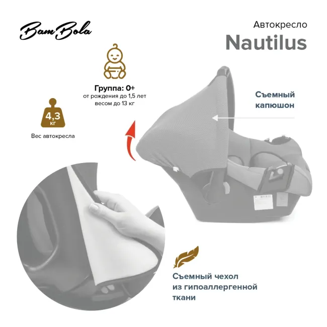 Детское автокресло BamBola Nautilus Серебро 0-13 кг KRES3631