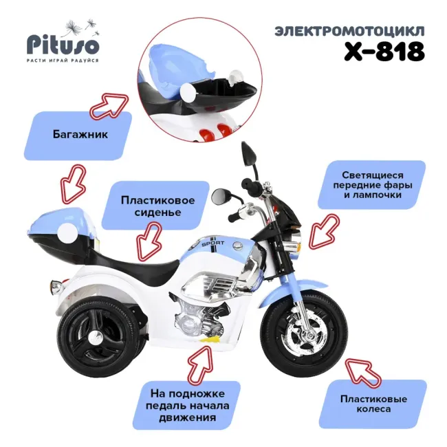 Электромотоцикл Pituso X-818 6V/4,5Ah*1,15W*1,колеса пластик, свет, музыка 83x33x56 см Синий Blue - фото5